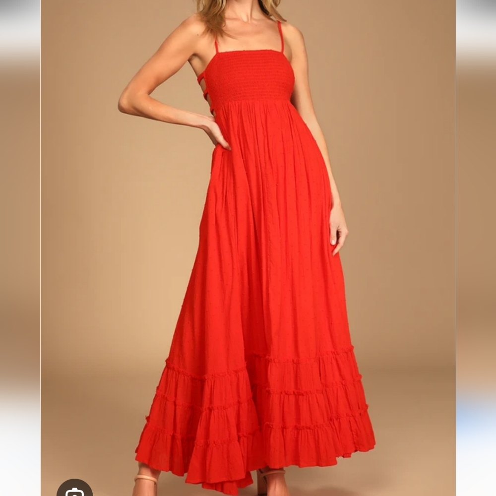 Lulu's Vibrant Red / Orange Smocked Cut Out Bodice Tiered Maxi Dress